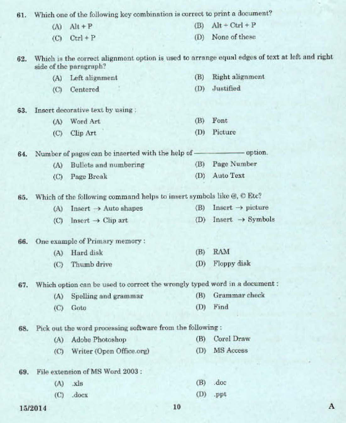 Kerala LD Typist Exam 2014 Question Paper Code 152014 8