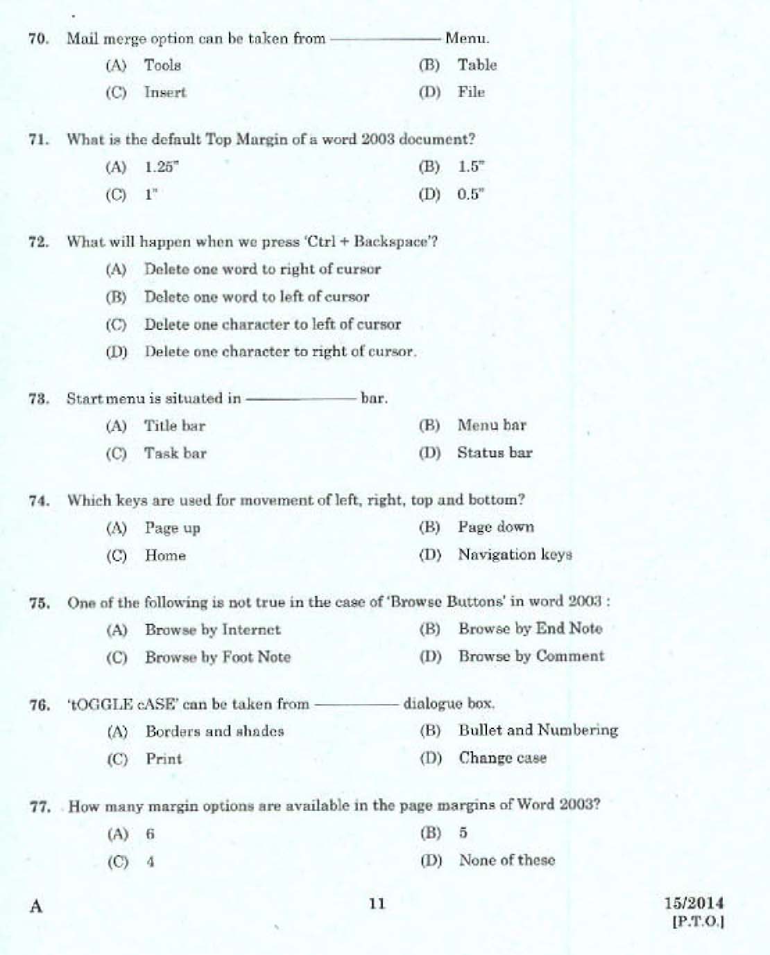Kerala LD Typist Exam 2014 Question Paper Code 152014 9