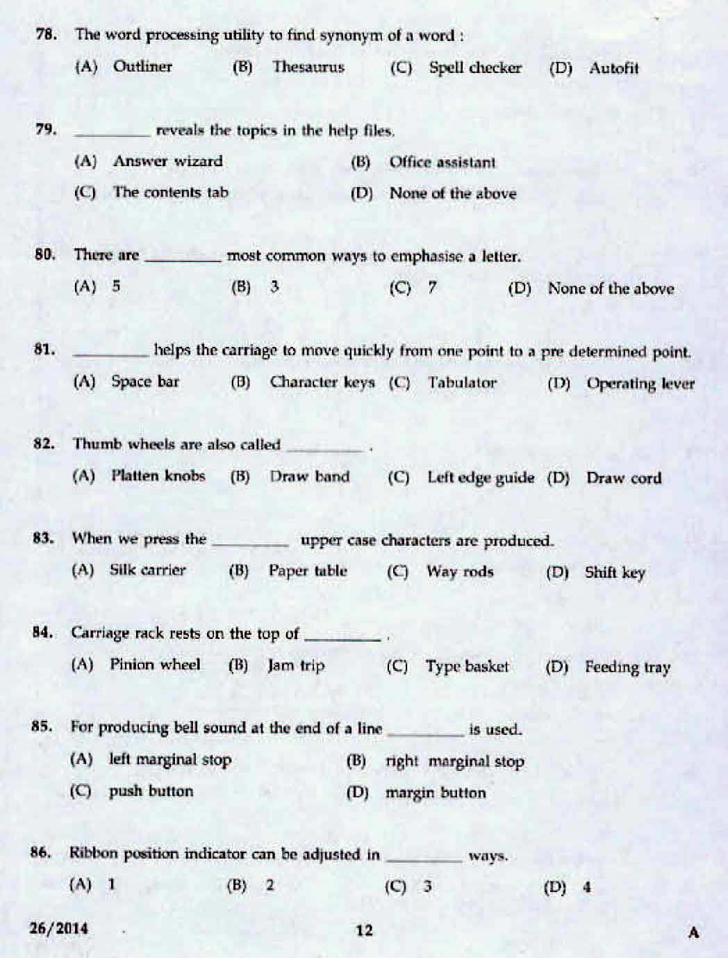 Kerala LD Typist Exam 2014 Question Paper Code 262014 10