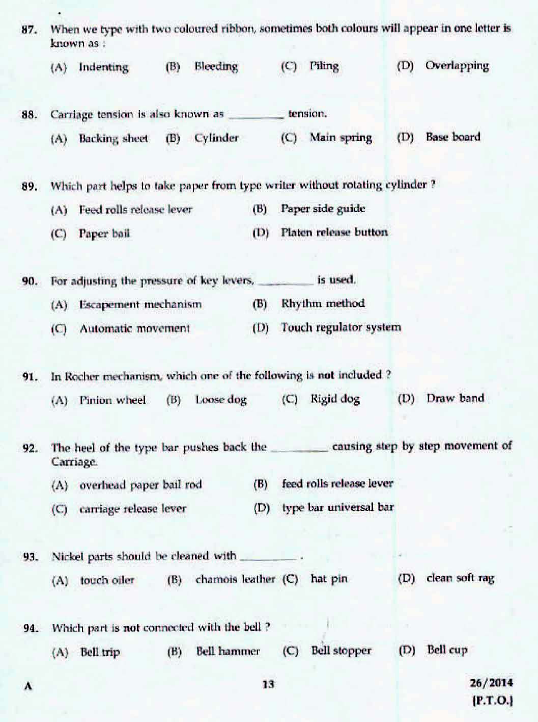 Kerala LD Typist Exam 2014 Question Paper Code 262014 11