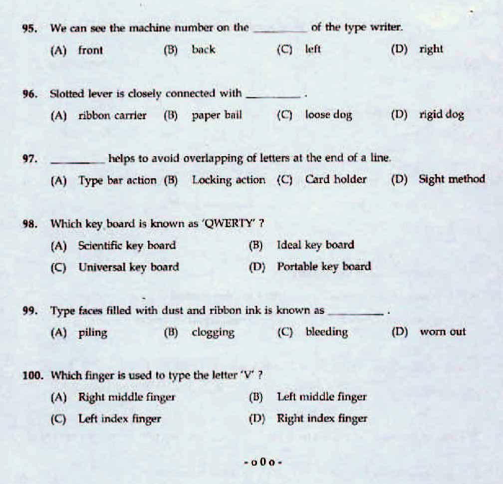 Kerala LD Typist Exam 2014 Question Paper Code 262014 12