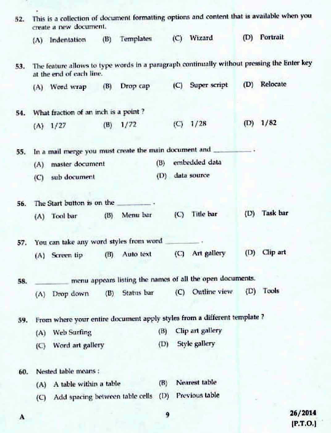 Kerala LD Typist Exam 2014 Question Paper Code 262014 7