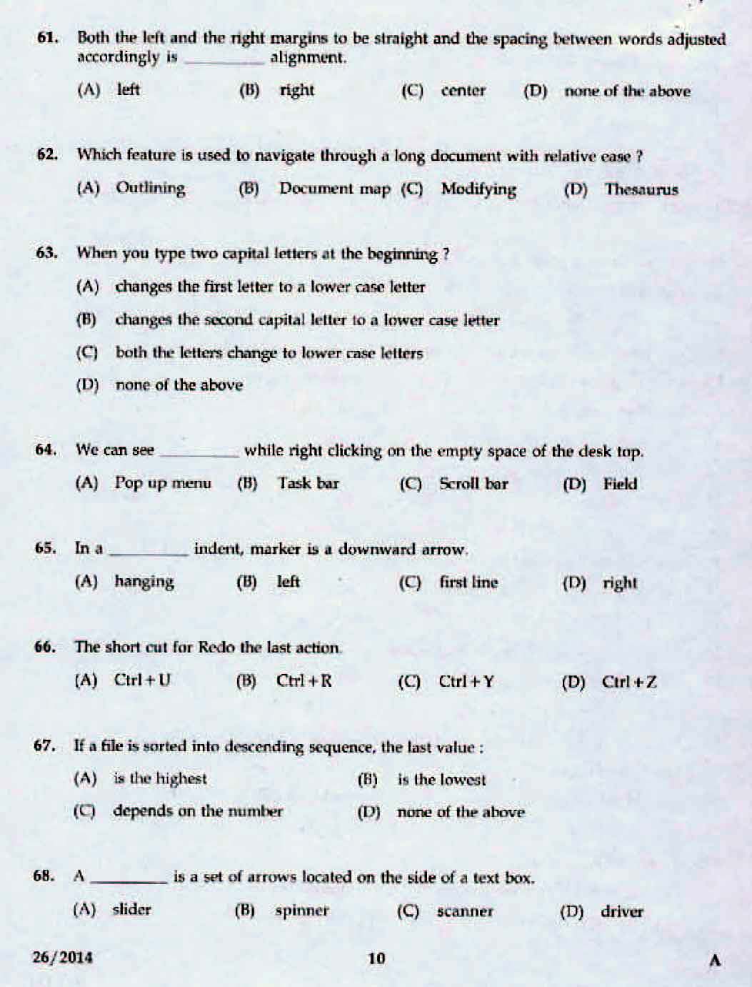 Kerala LD Typist Exam 2014 Question Paper Code 262014 8