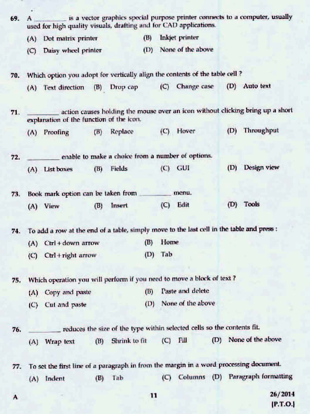 Kerala LD Typist Exam 2014 Question Paper Code 262014 9