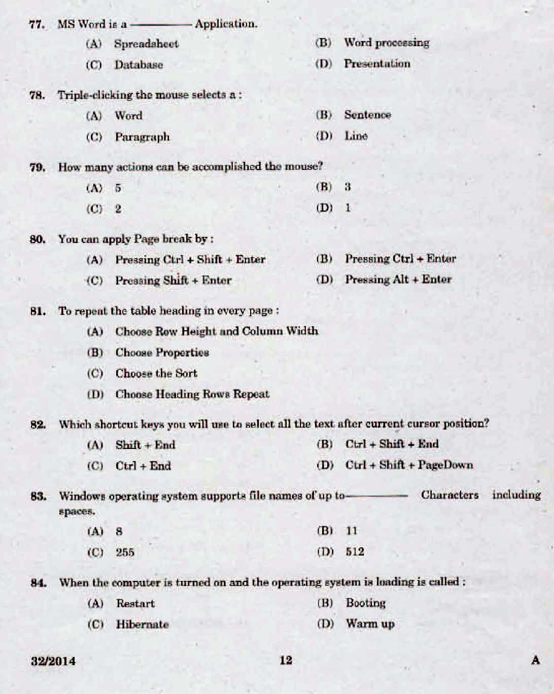 Kerala LD Typist Exam 2014 Question Paper Code 322014 10