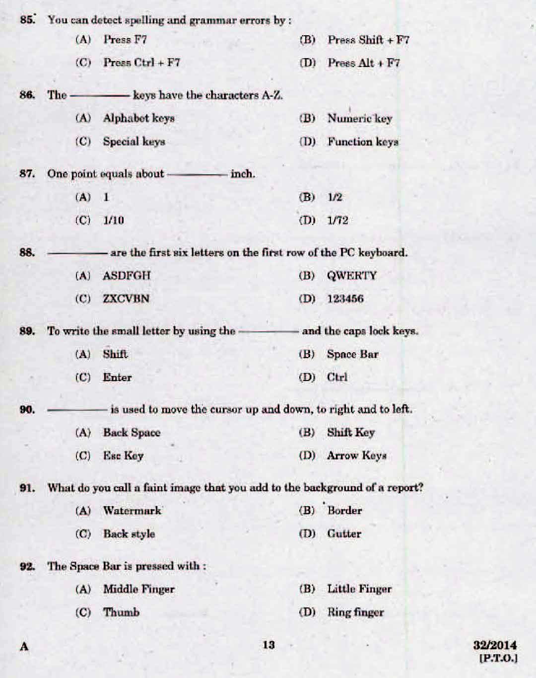 Kerala LD Typist Exam 2014 Question Paper Code 322014 11