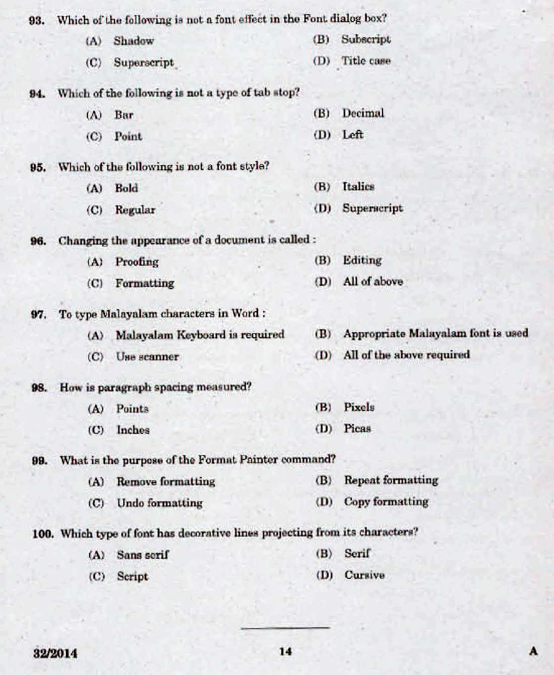 Kerala LD Typist Exam 2014 Question Paper Code 322014 12
