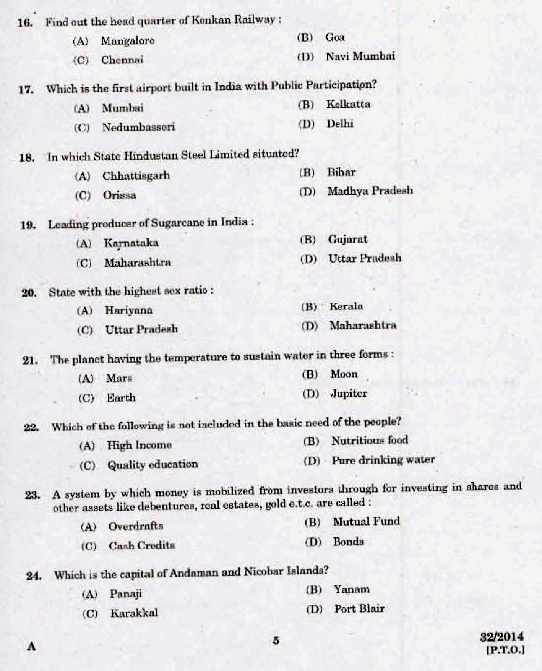 Kerala LD Typist Exam 2014 Question Paper Code 322014 3