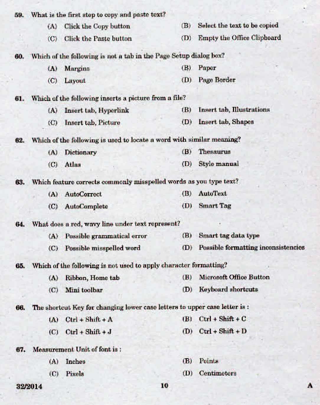Kerala LD Typist Exam 2014 Question Paper Code 322014 8