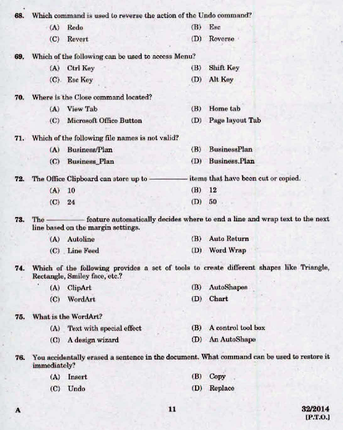 Kerala LD Typist Exam 2014 Question Paper Code 322014 9