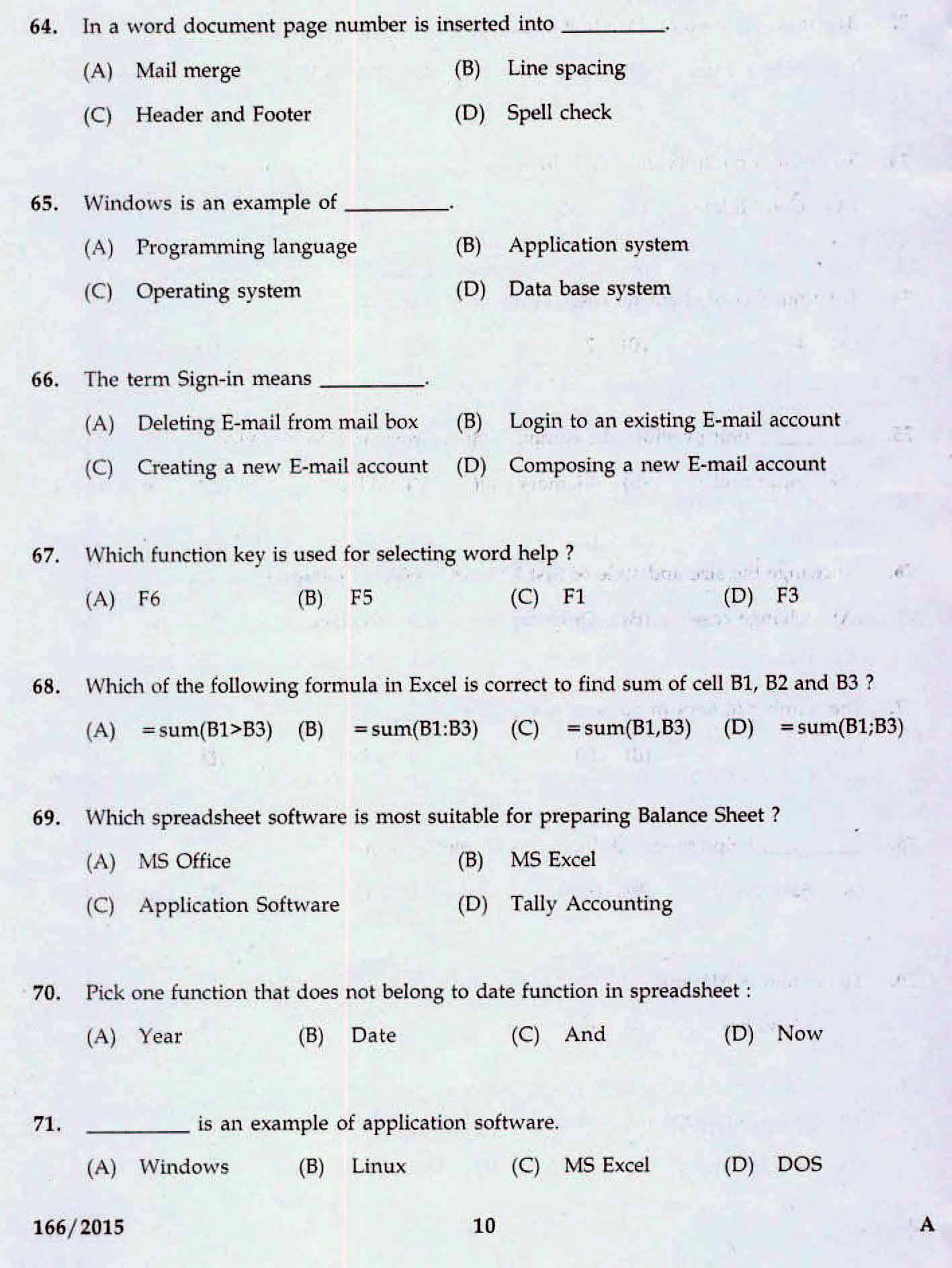 Kerala LD Typist Exam 2015 Question Paper Code 1662015 8