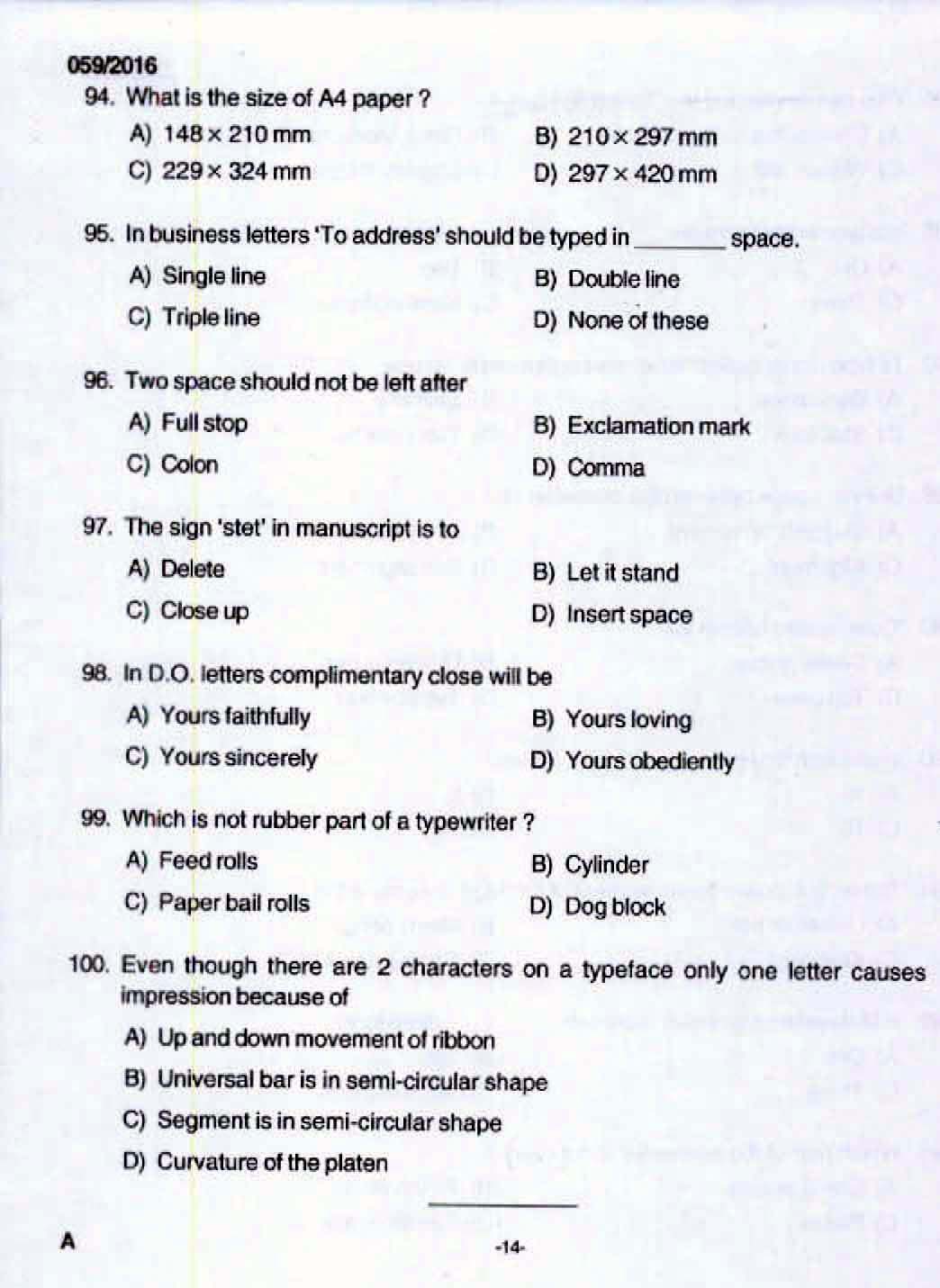 Kerala LD Typist Exam 2016 Question Paper Code 0592016 12
