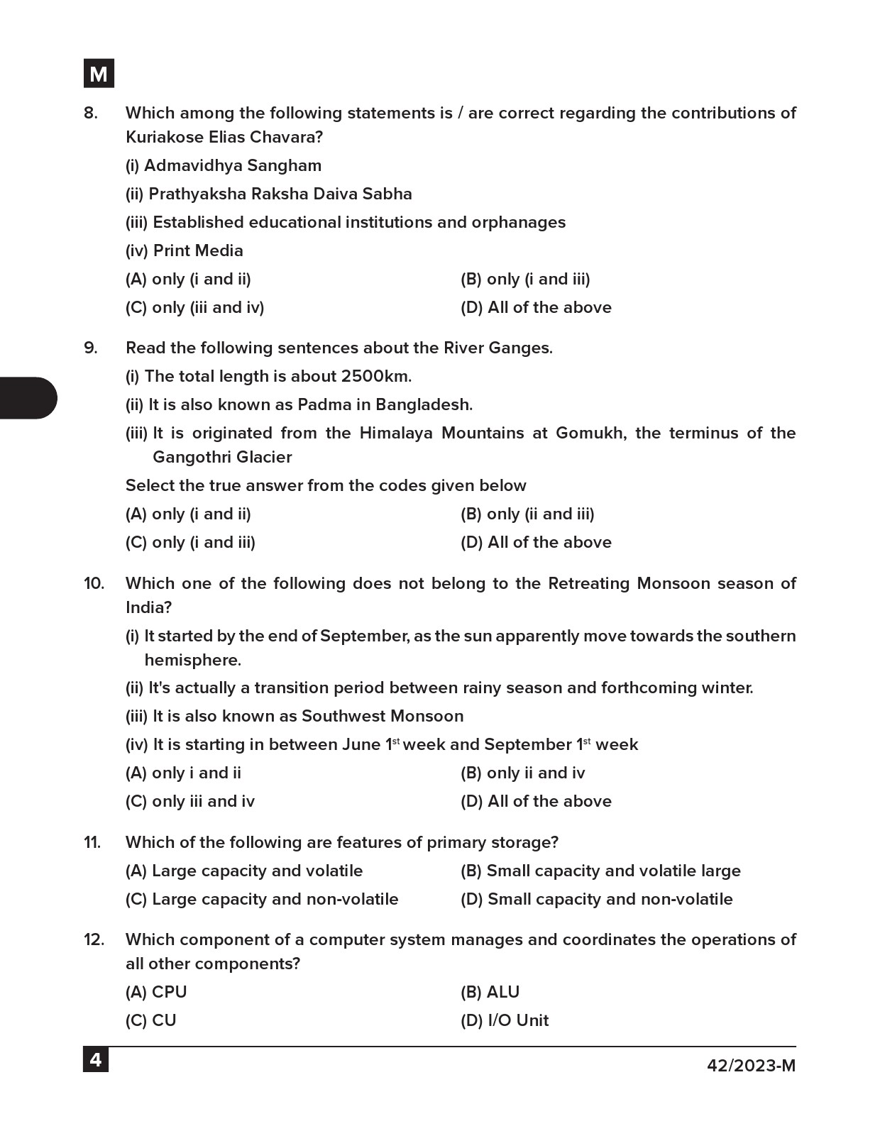 KPSC Junior Typist Clerk Malayalam Exam 2023 Code 422023 M 3
