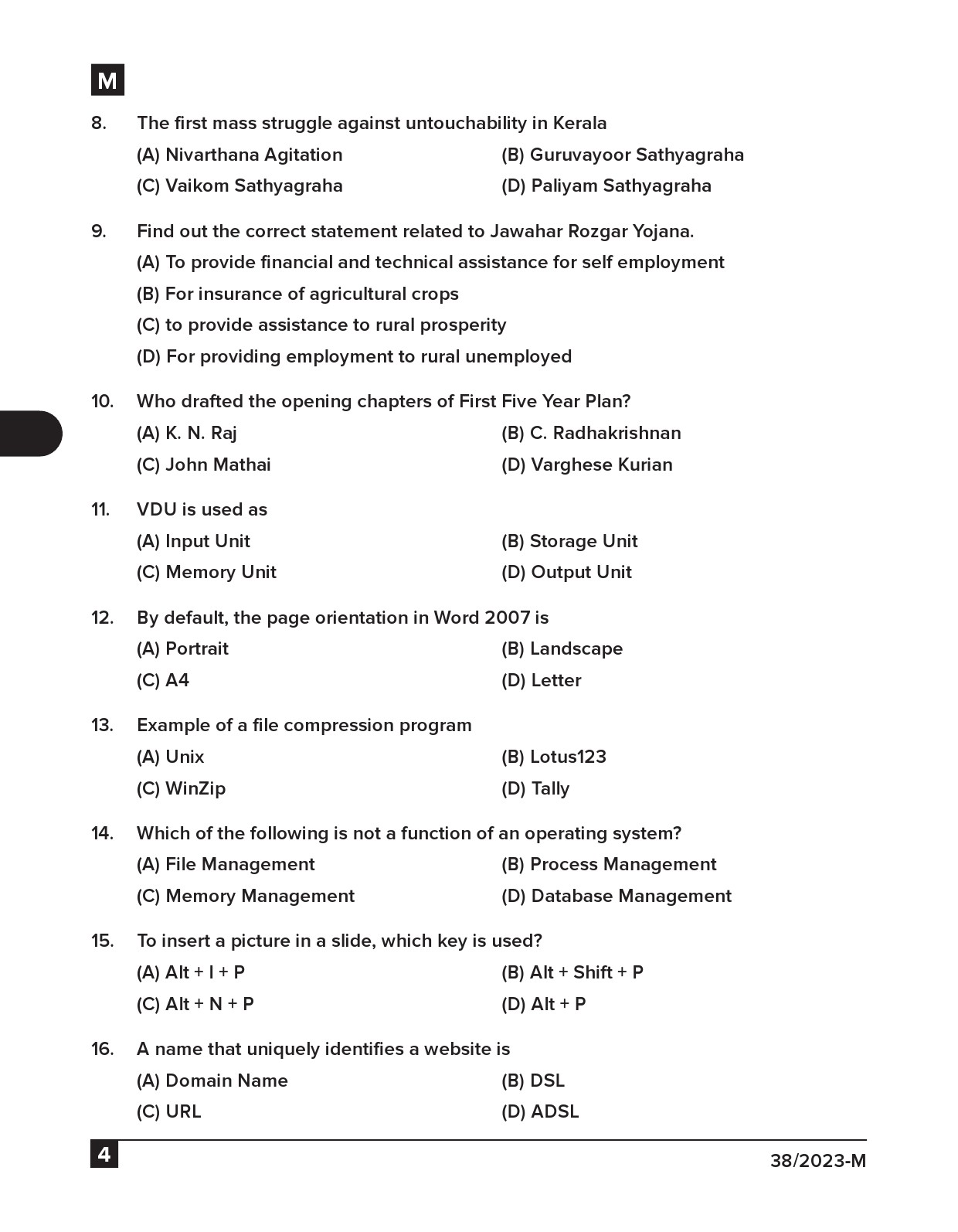 KPSC Junior Typist Malayalam Exam 2023 Code 0382023 M 3