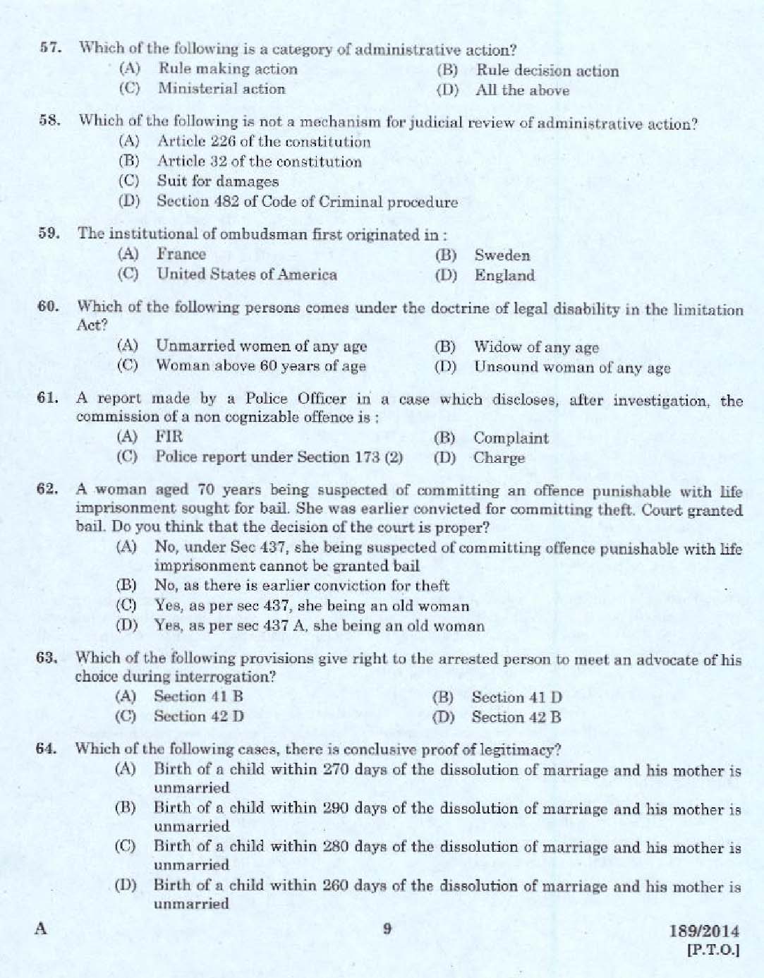 KPSC Legal Officer Exam 2014 Code 1892014 7