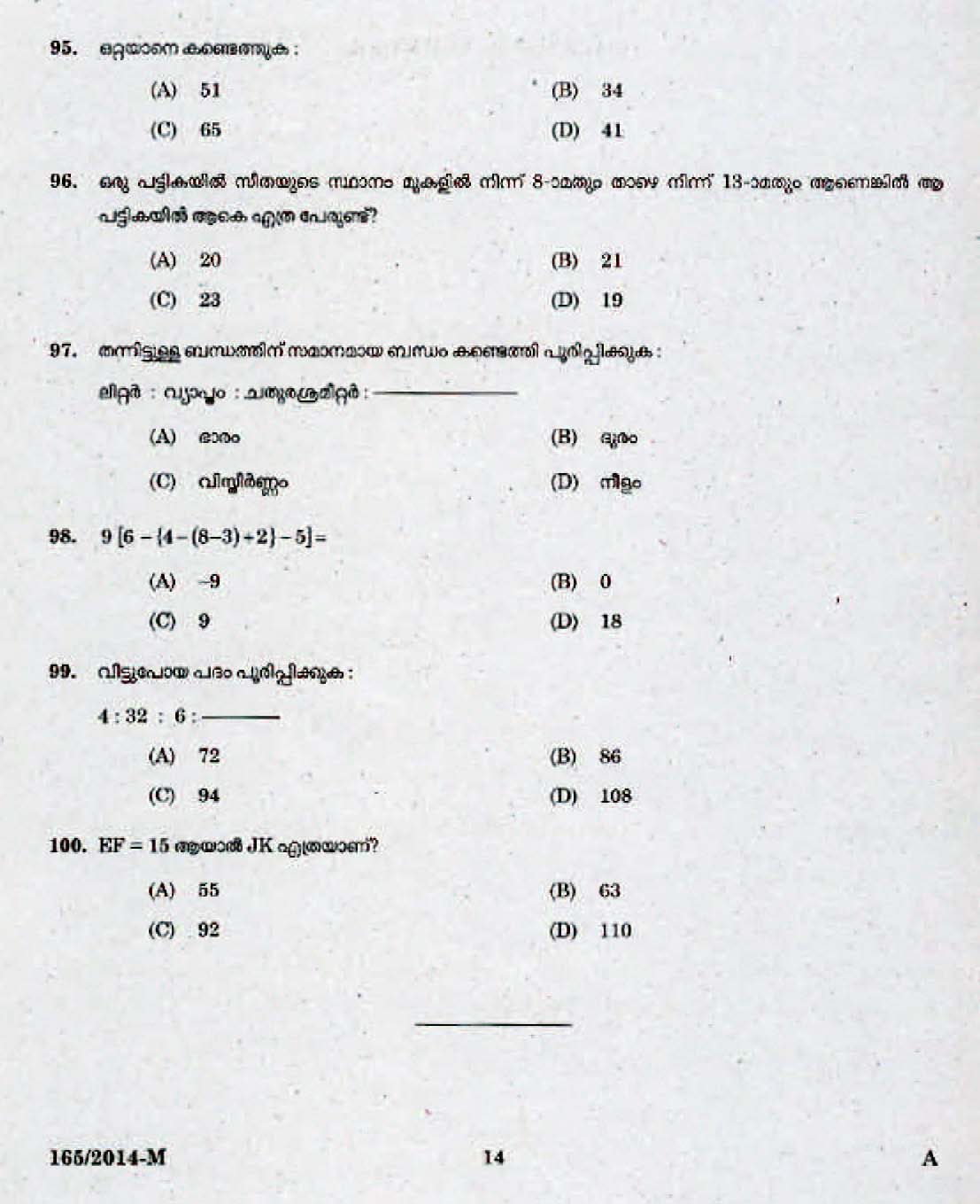Kerala Last Grade Servants Exam 2014 Question Paper Code 1652014 M 12