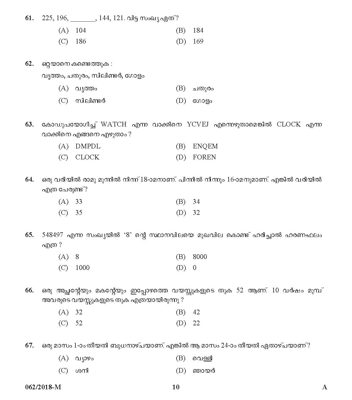 Kerala PSC Ayah Exam 2018 Question Paper Code 0622018 M 9
