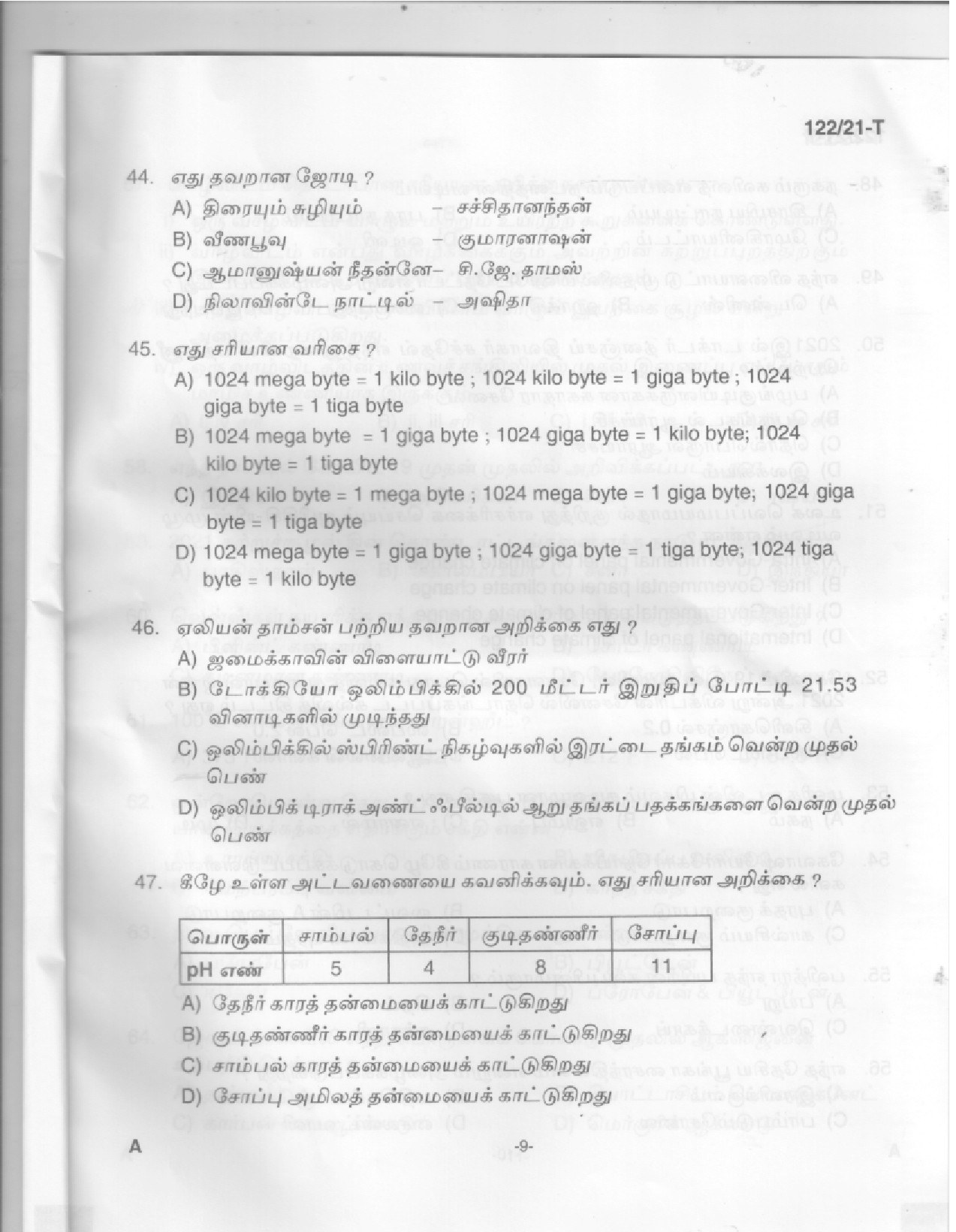 KPSC Upto SSLC Level Main Examination LGS Tamil Exam 2021 Code 1222021 T 7