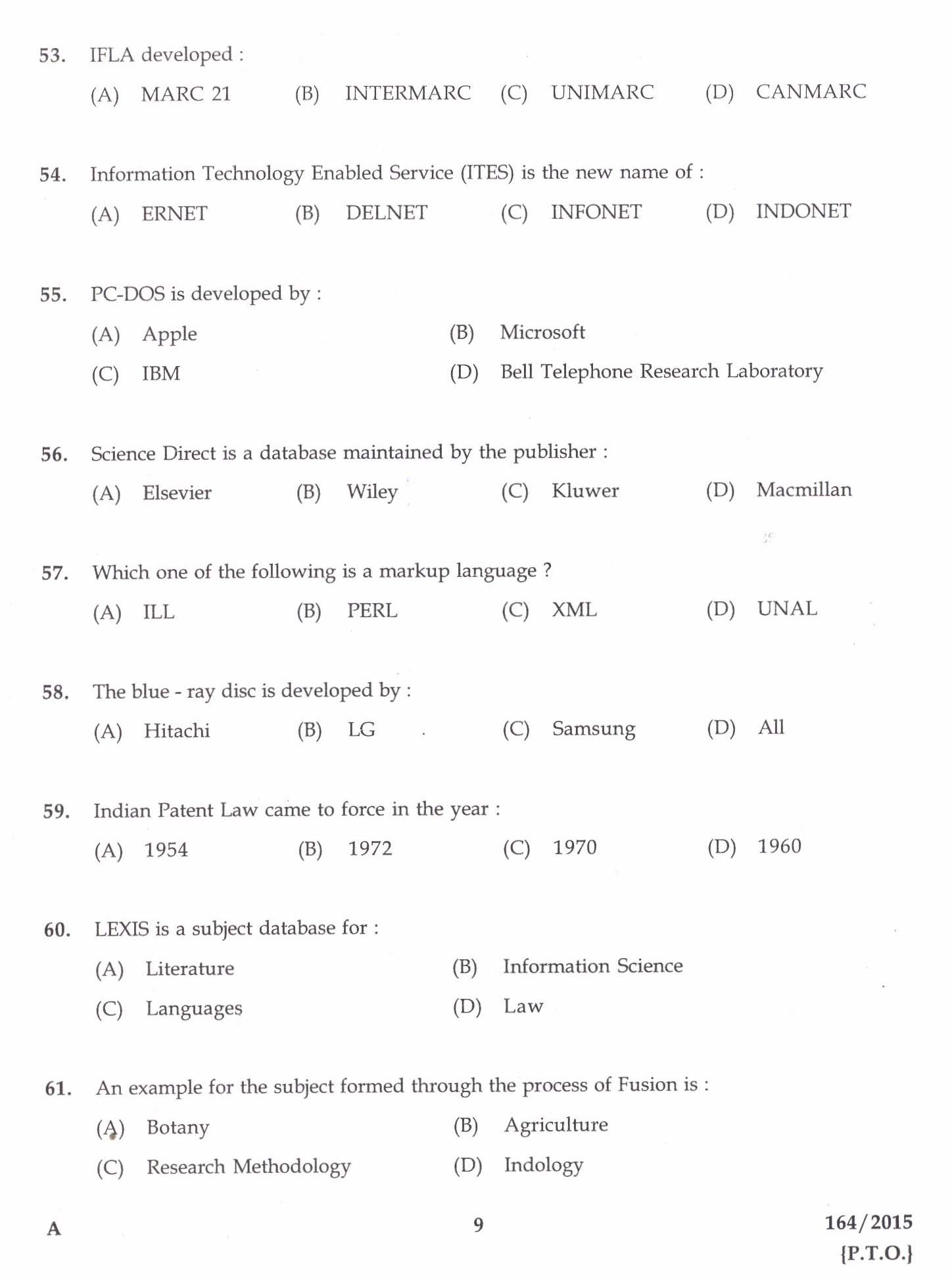 Kerala PSC Librarian Grade III Exam Question Code 1642015 7