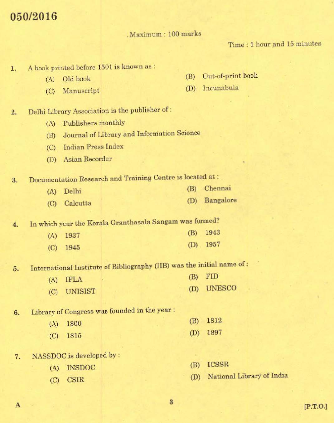 Kerala PSC Librarian Grade IV Exam Question Code 0502016 1