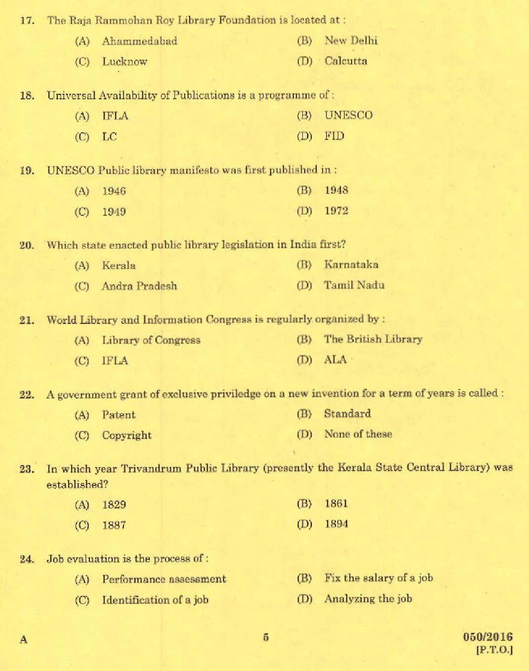 Kerala PSC Librarian Grade IV Exam Question Code 0502016 3