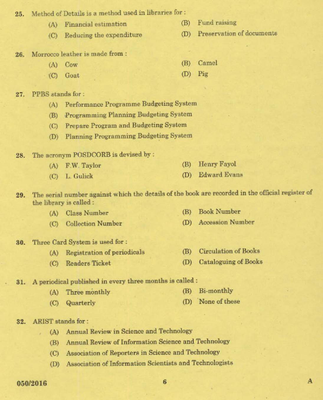 Kerala PSC Librarian Grade IV Exam Question Code 0502016 4