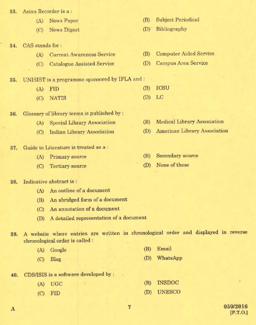 Kerala PSC Librarian Grade IV Exam Question Code 0502016 5