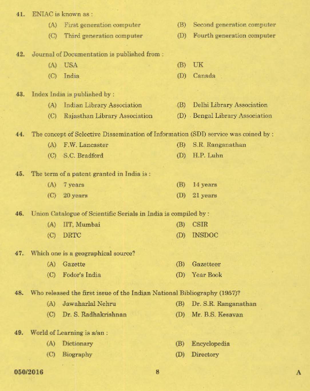 Kerala PSC Librarian Grade IV Exam Question Code 0502016 6