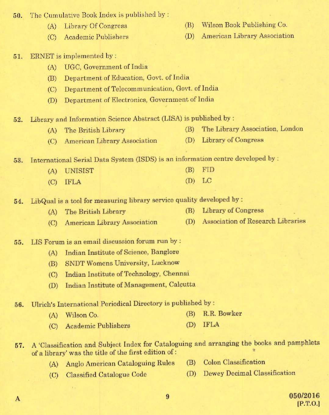 Kerala PSC Librarian Grade IV Exam Question Code 0502016 7