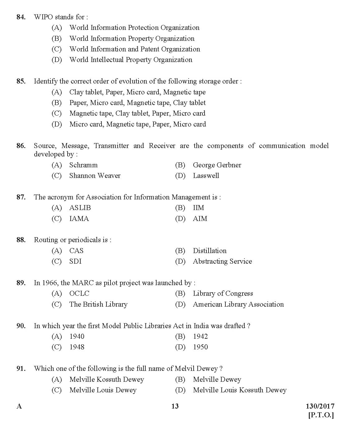 Kerala PSC Librarian Grade IV Exam Question Code 1302017 12