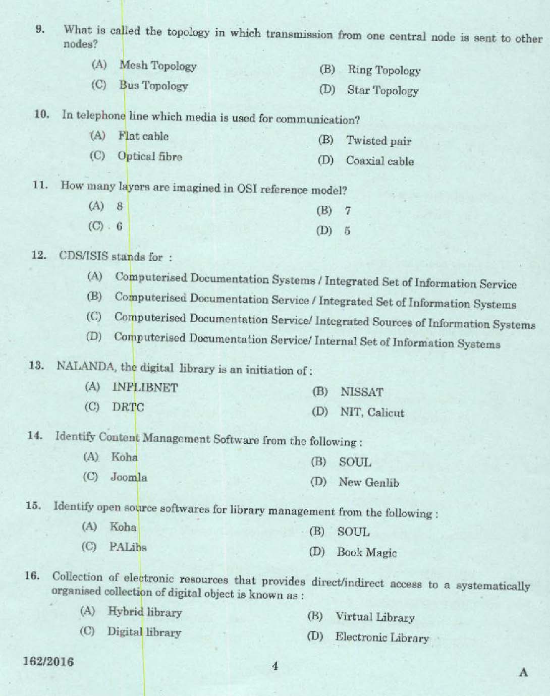 Kerala PSC Librarian Grade IV Exam Question Code 1622016 2
