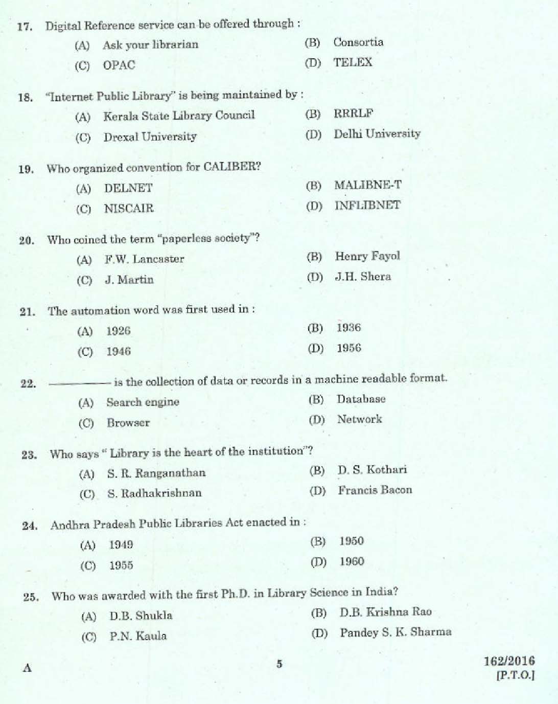 Kerala PSC Librarian Grade IV Exam Question Code 1622016 3