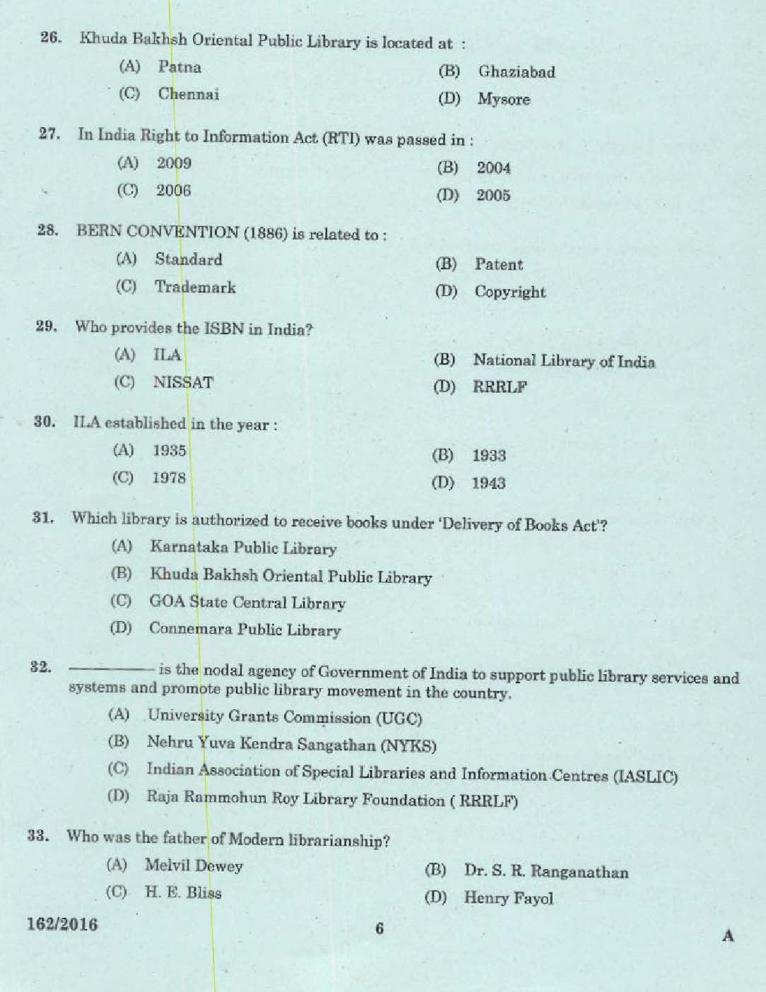 Kerala PSC Librarian Grade IV Exam Question Code 1622016 4