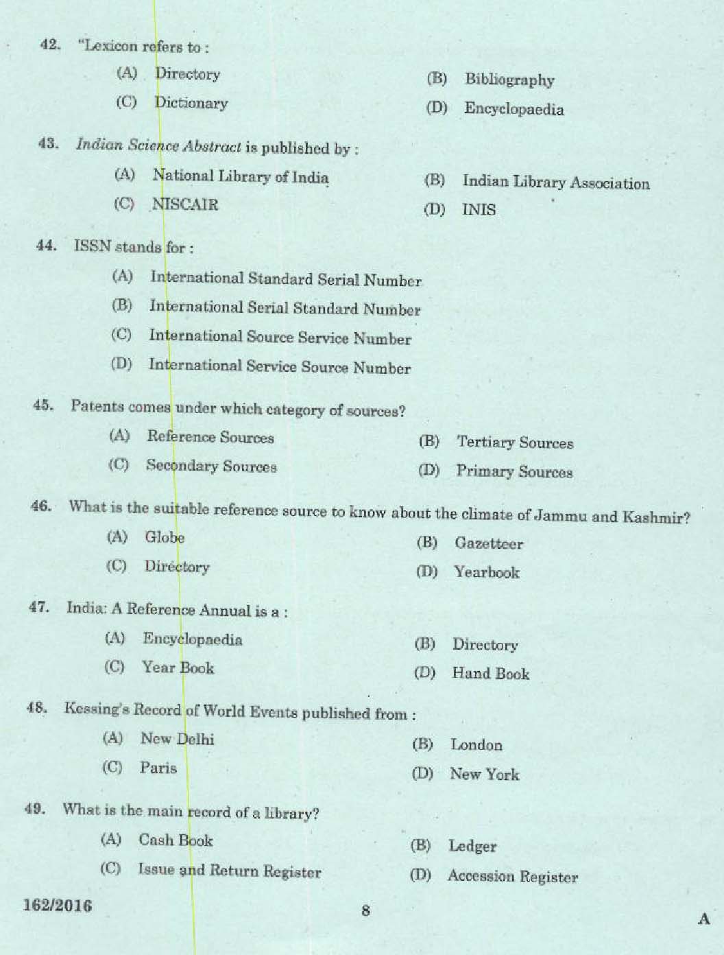 Kerala PSC Librarian Grade IV Exam Question Code 1622016 6