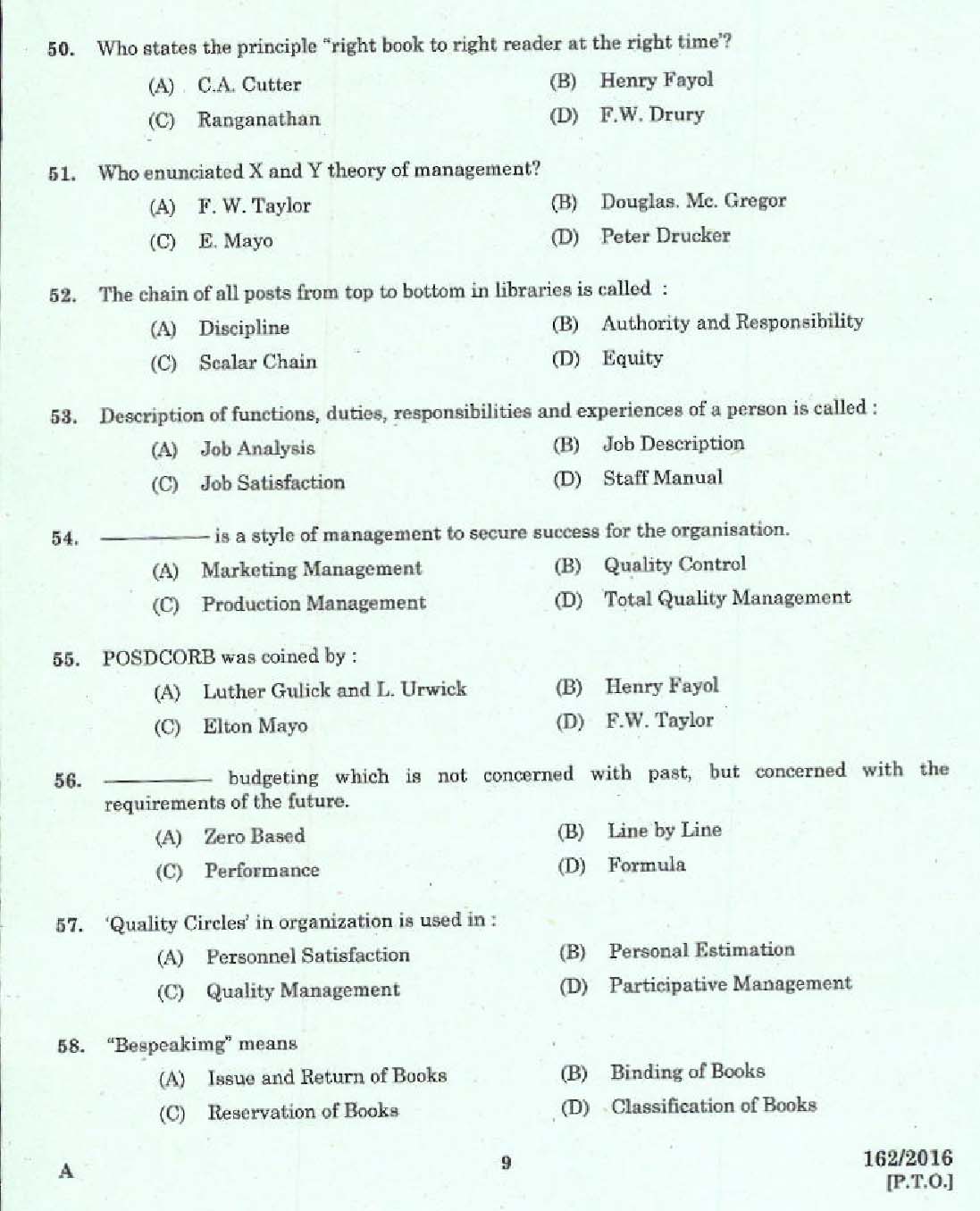 Kerala PSC Librarian Grade IV Exam Question Code 1622016 7