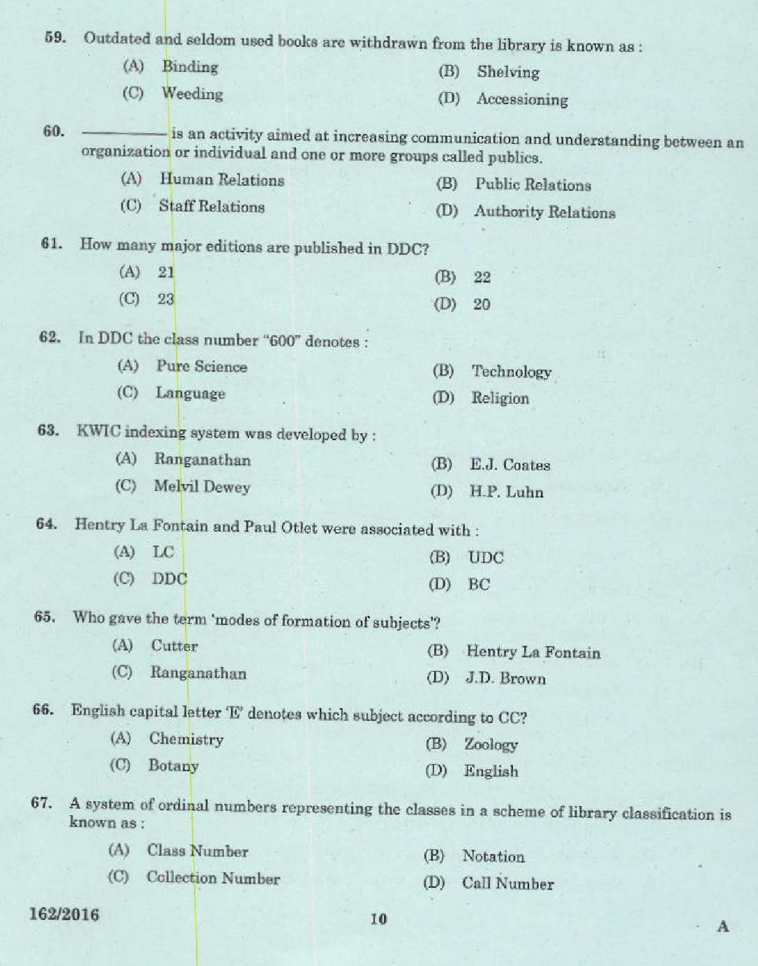 Kerala PSC Librarian Grade IV Exam Question Code 1622016 8