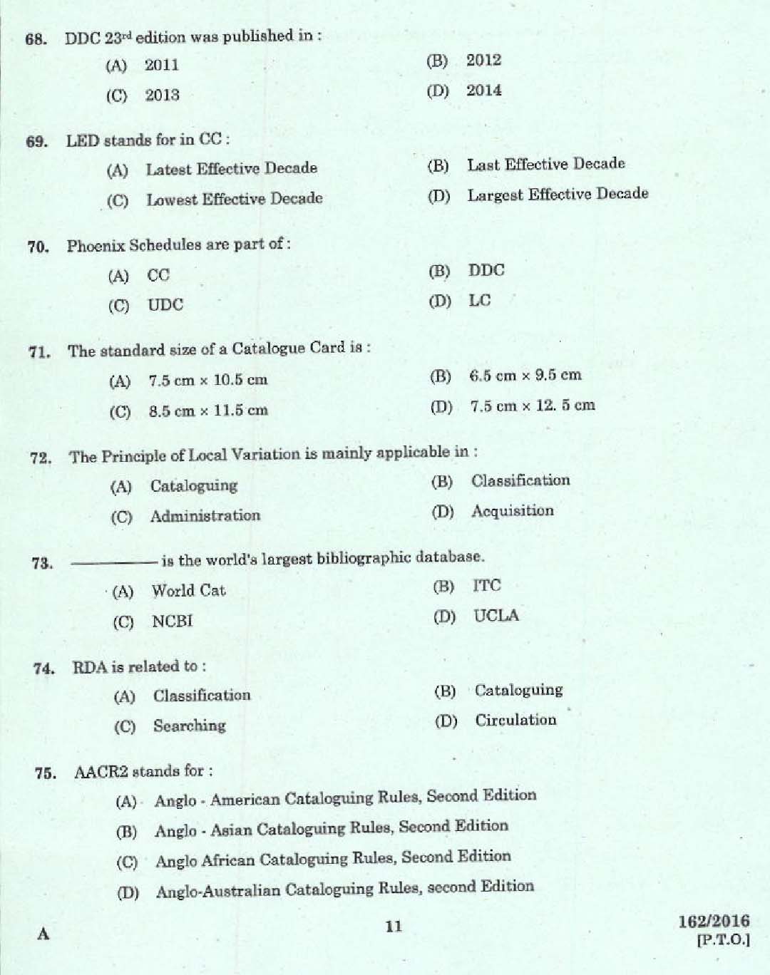 Kerala PSC Librarian Grade IV Exam Question Code 1622016 9