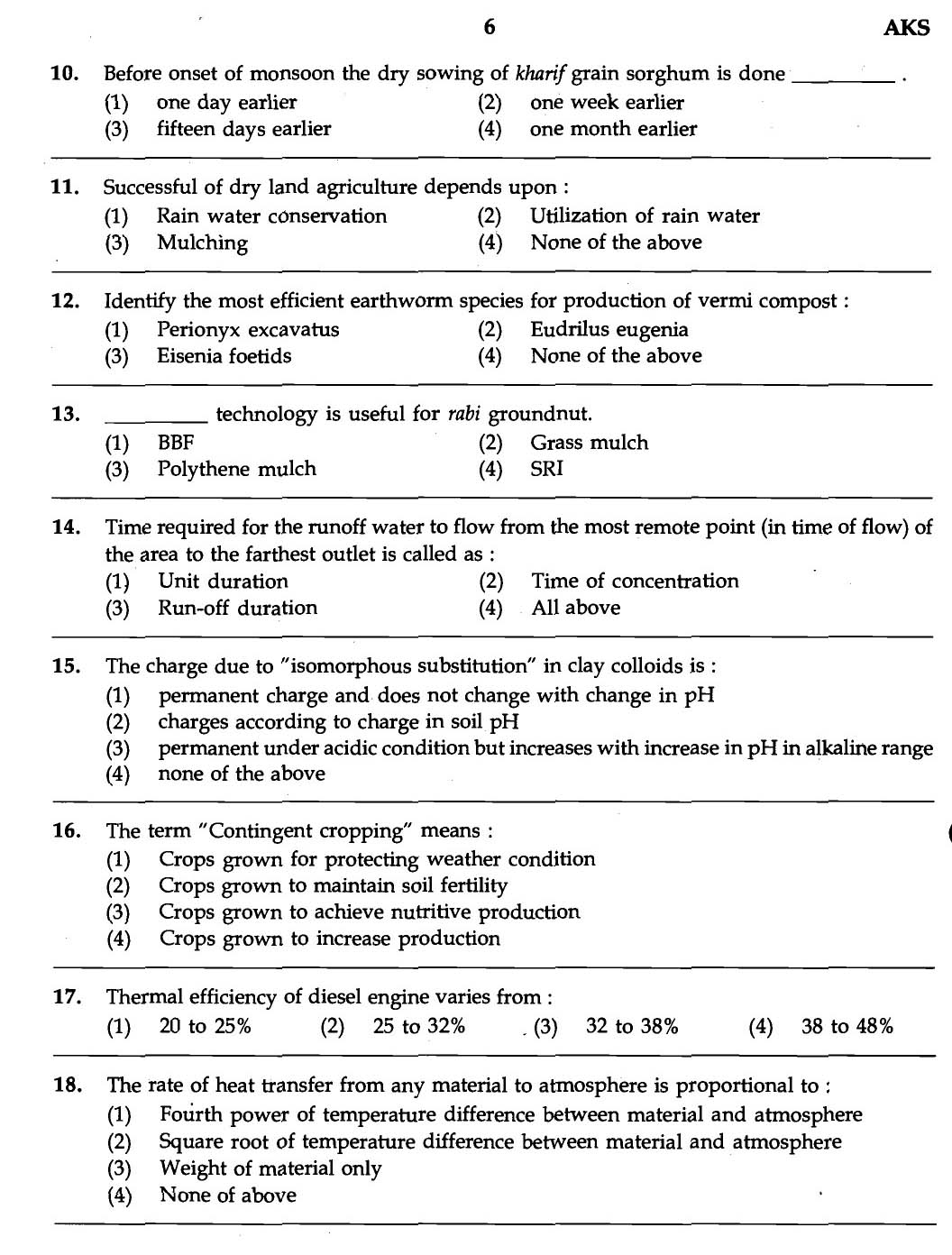 MPSC Agricultural Services Exam 2007 Question Paper Agricultural Science 4