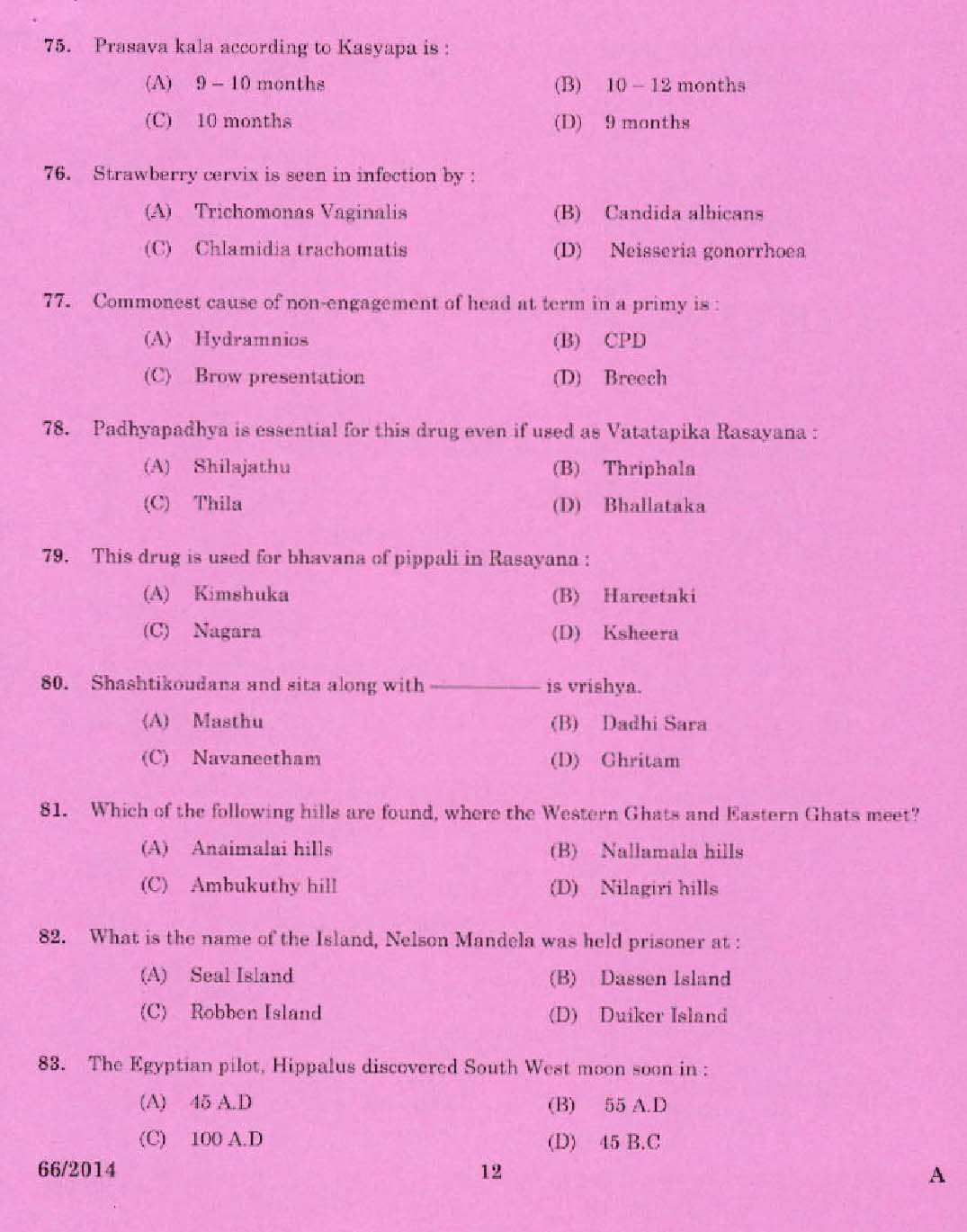 KPSC Medical Officer Ayurveda Exam Question 662014 10