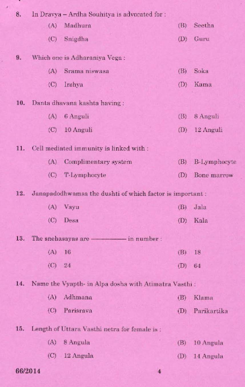 KPSC Medical Officer Ayurveda Exam Question 662014 2