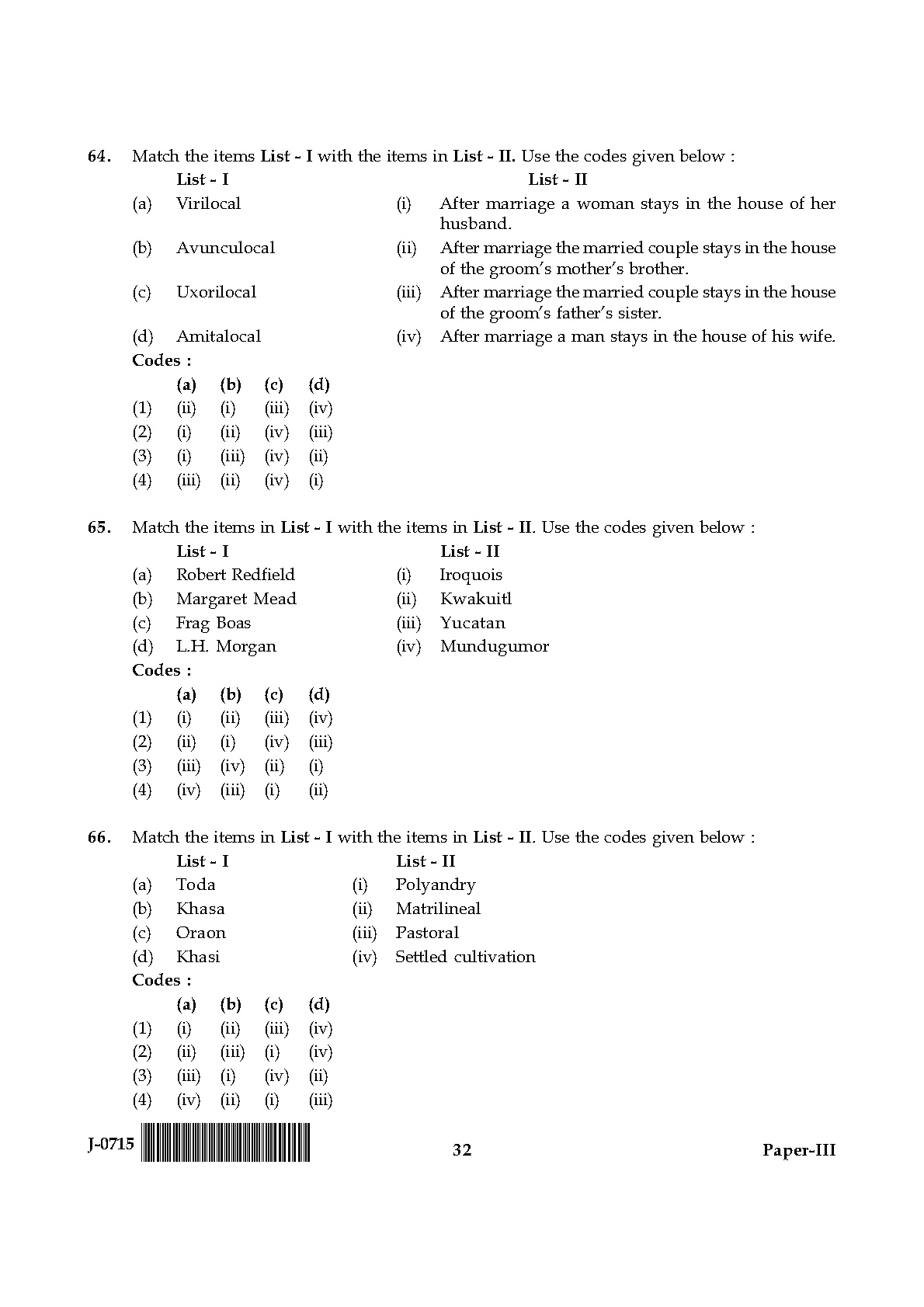 UGC NET Anthropology Question Paper III June 2015 32