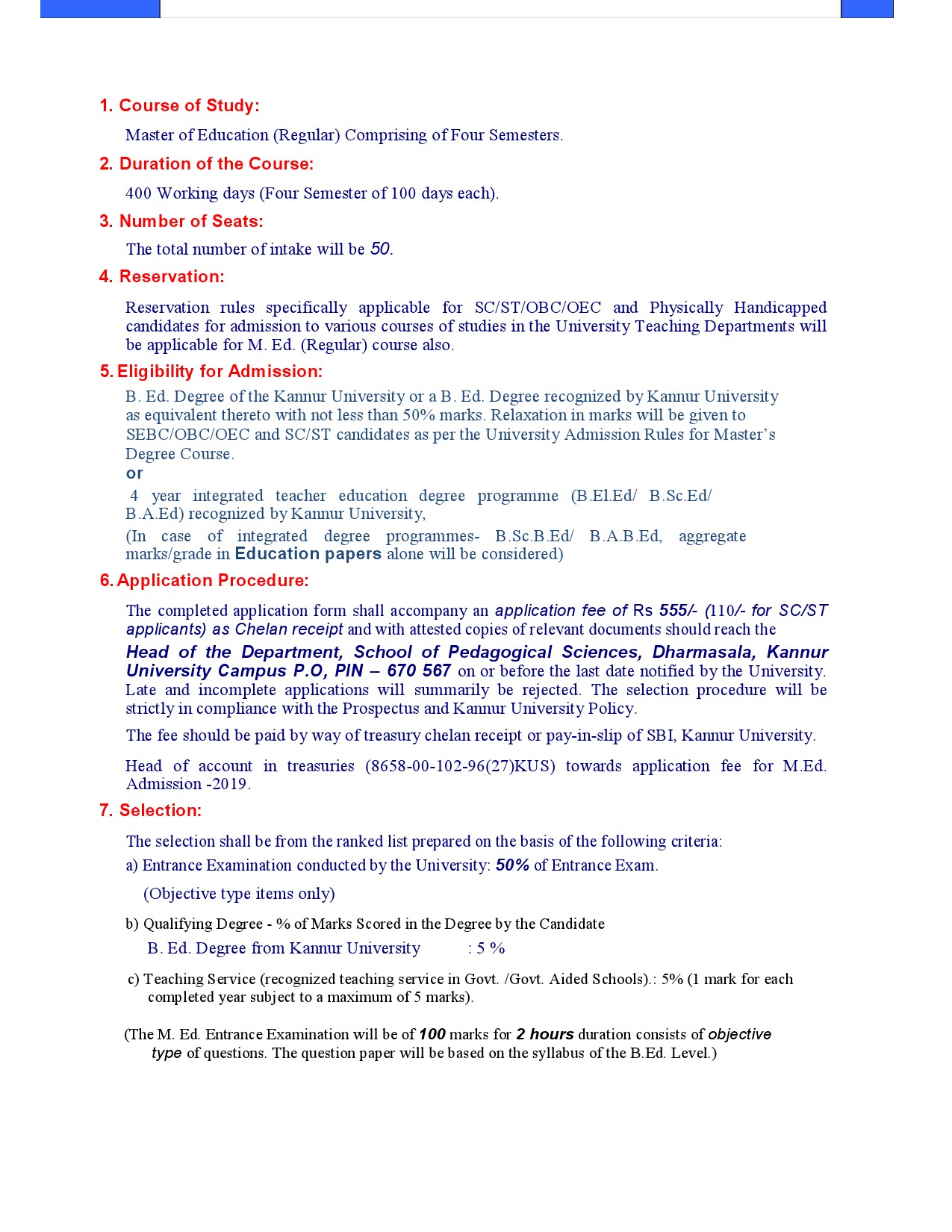 Kannur University M Ed Admission Prospectus 2019 - Notification Image 4