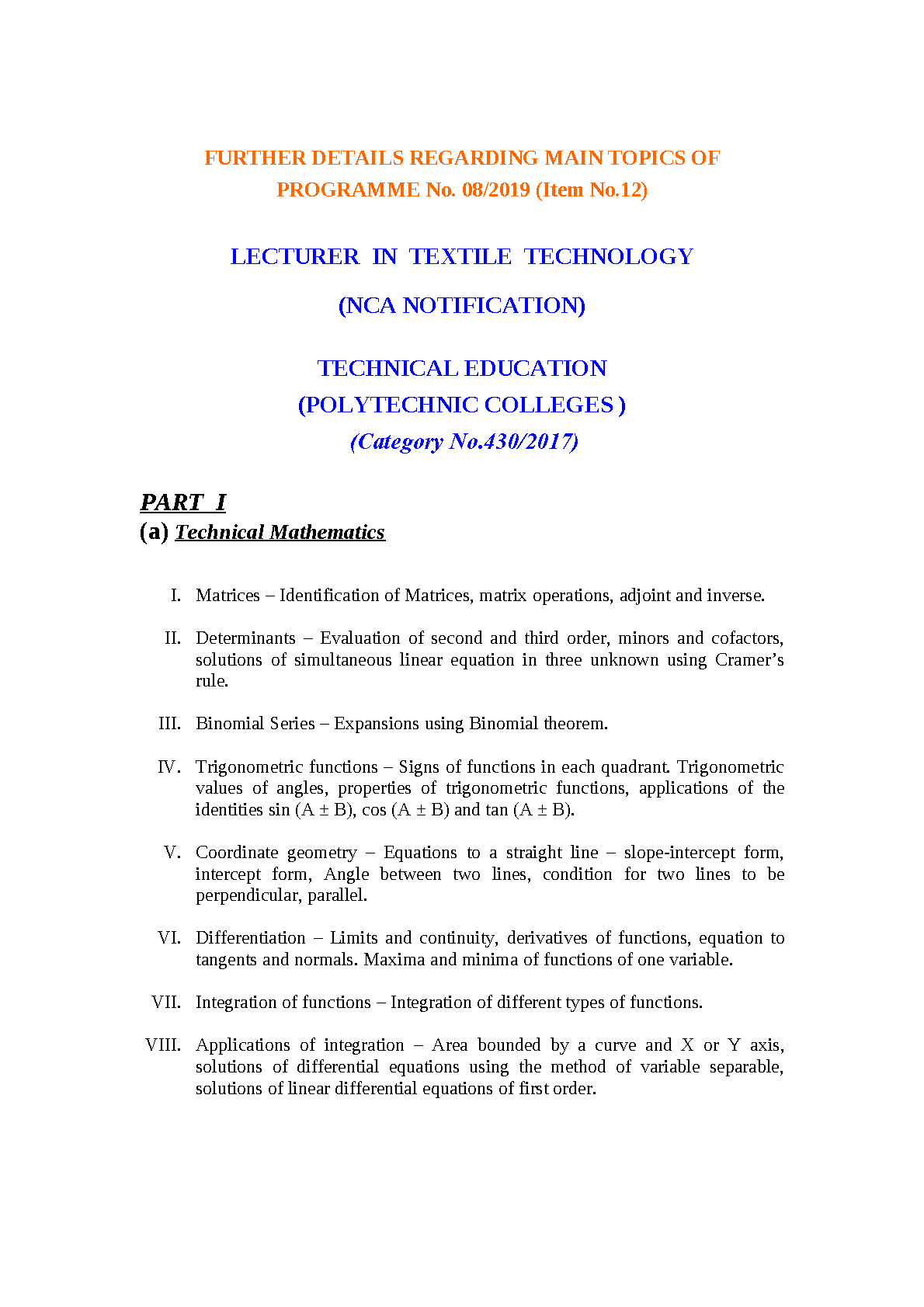 Kerala PSC Lecturer In Textile Technology Syllabus Aug 2019 - Notification Image 1