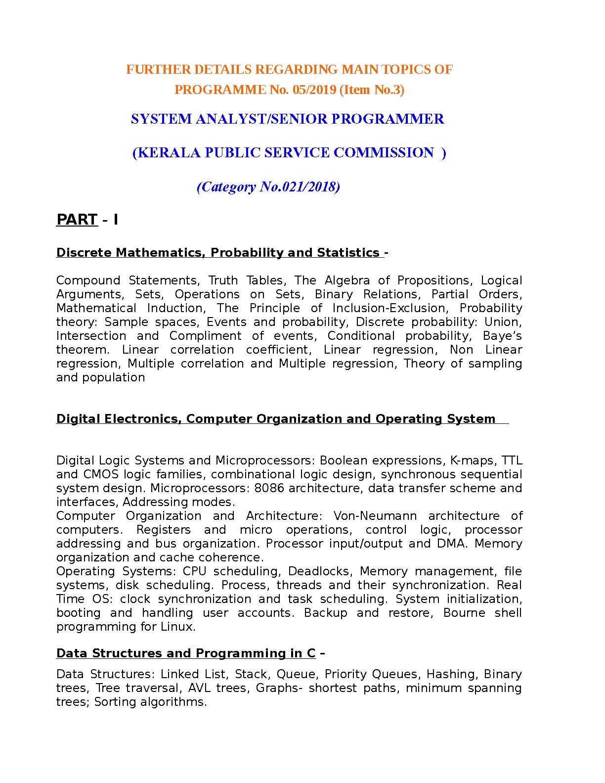KPSC Exam Syllabus 2019 System Analyst or Senior Programmer - Notification Image 1
