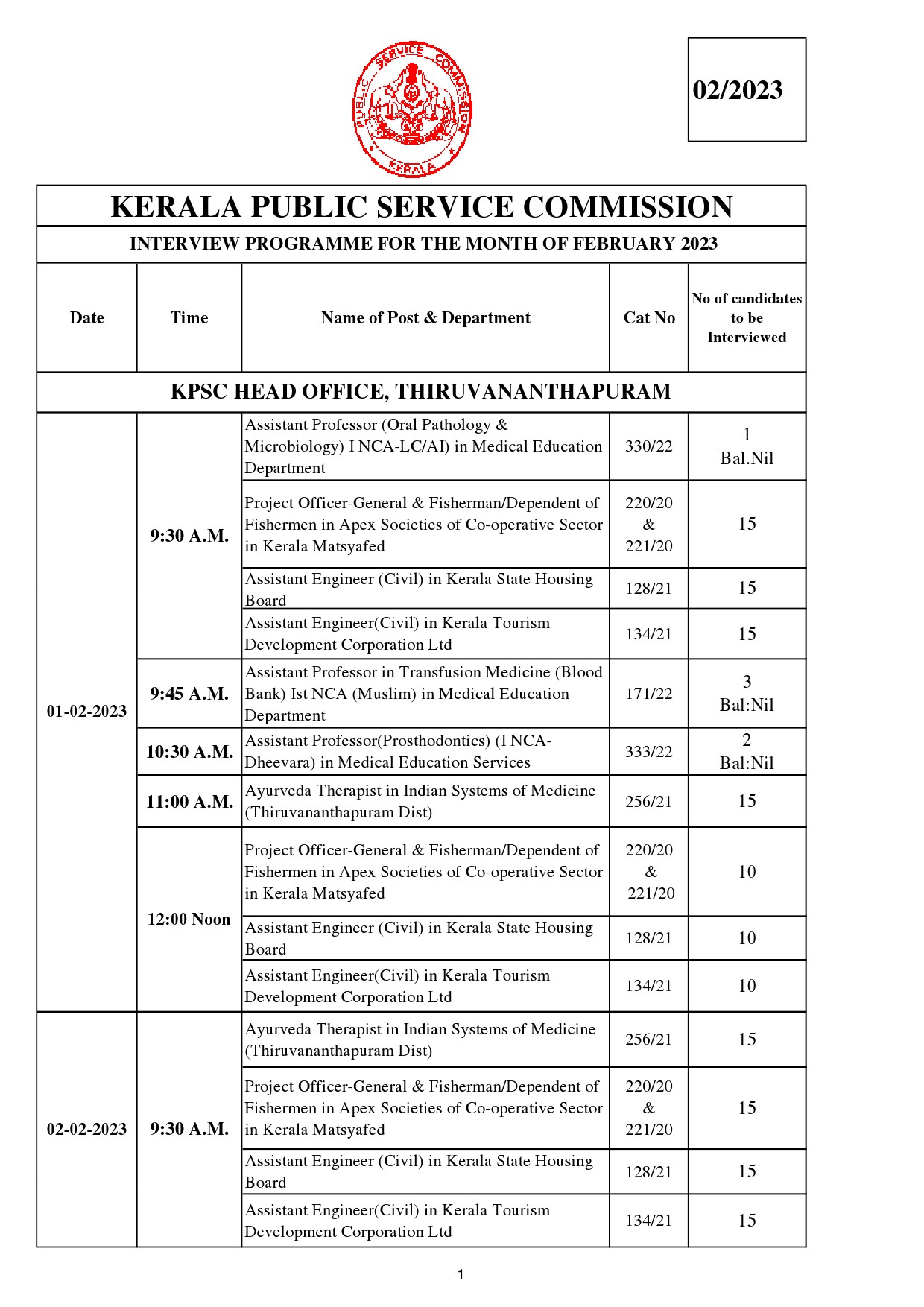 KPSC Interview Programme For The Month Of February 2023 - Notification Image 1