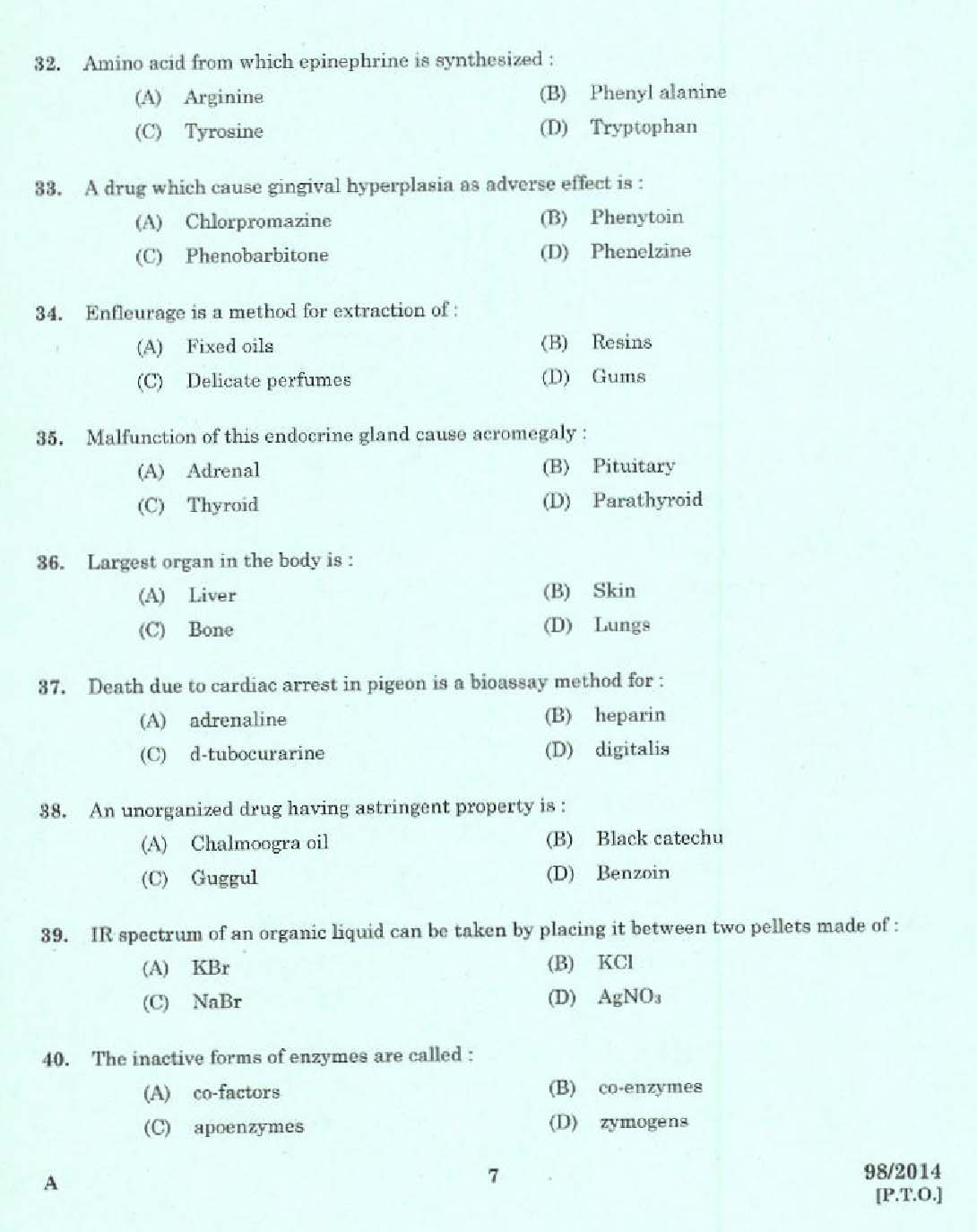 Kerala PSC Pharma Chemist Exam Code 982014 5