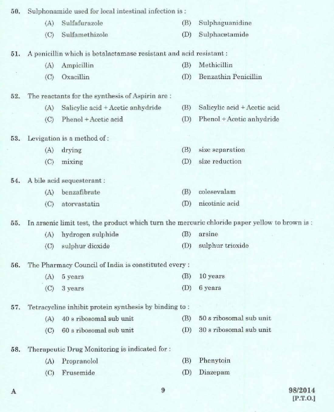 Kerala PSC Pharma Chemist Exam Code 982014 7