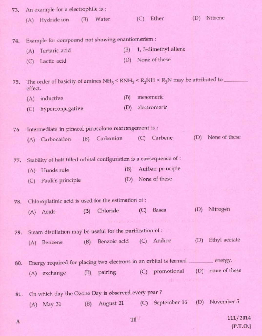 KPSC Analyst Chemical Testing Laboratory Exam 2014 Code 1112014 9