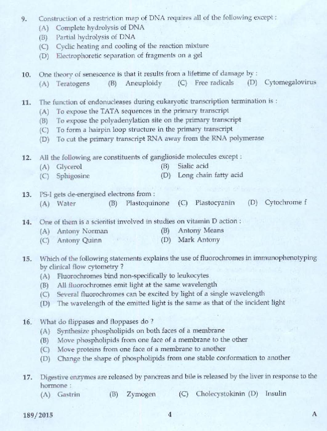 KPSC Bio Chemist Exam 2015 Code 1892015 2