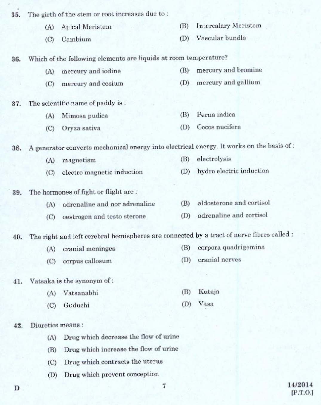 KPSC Pharmacist Grade II Ayurveda Exam Question 142014 5